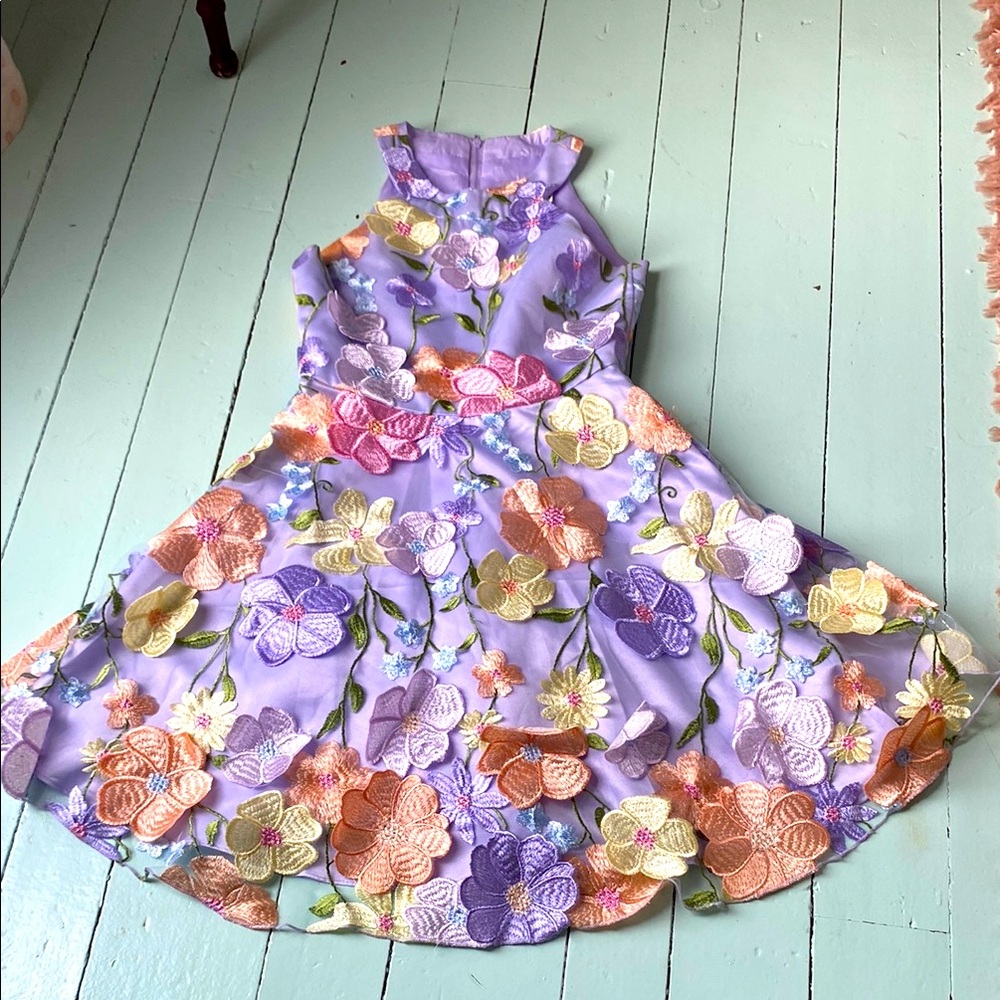 Floral Embroidered Kids Dress - Purple and Multicolor- 3d flowers